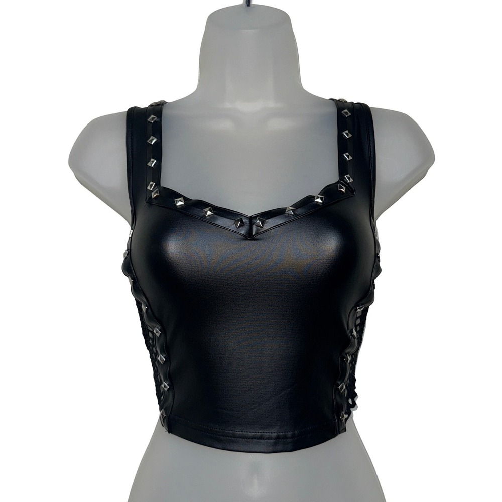 New Small Vegan Leather‎ Goth Sleeveless Mesh Studded Crop Tank Top Bustier - Picture 5 of 5